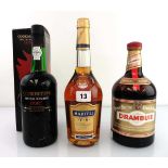 3 bottles, 1x Martell VS Fine Cognac 40% 70cl, 1x Drambuie Isle of Skye 40% 1 litre & 1x Cockburn'