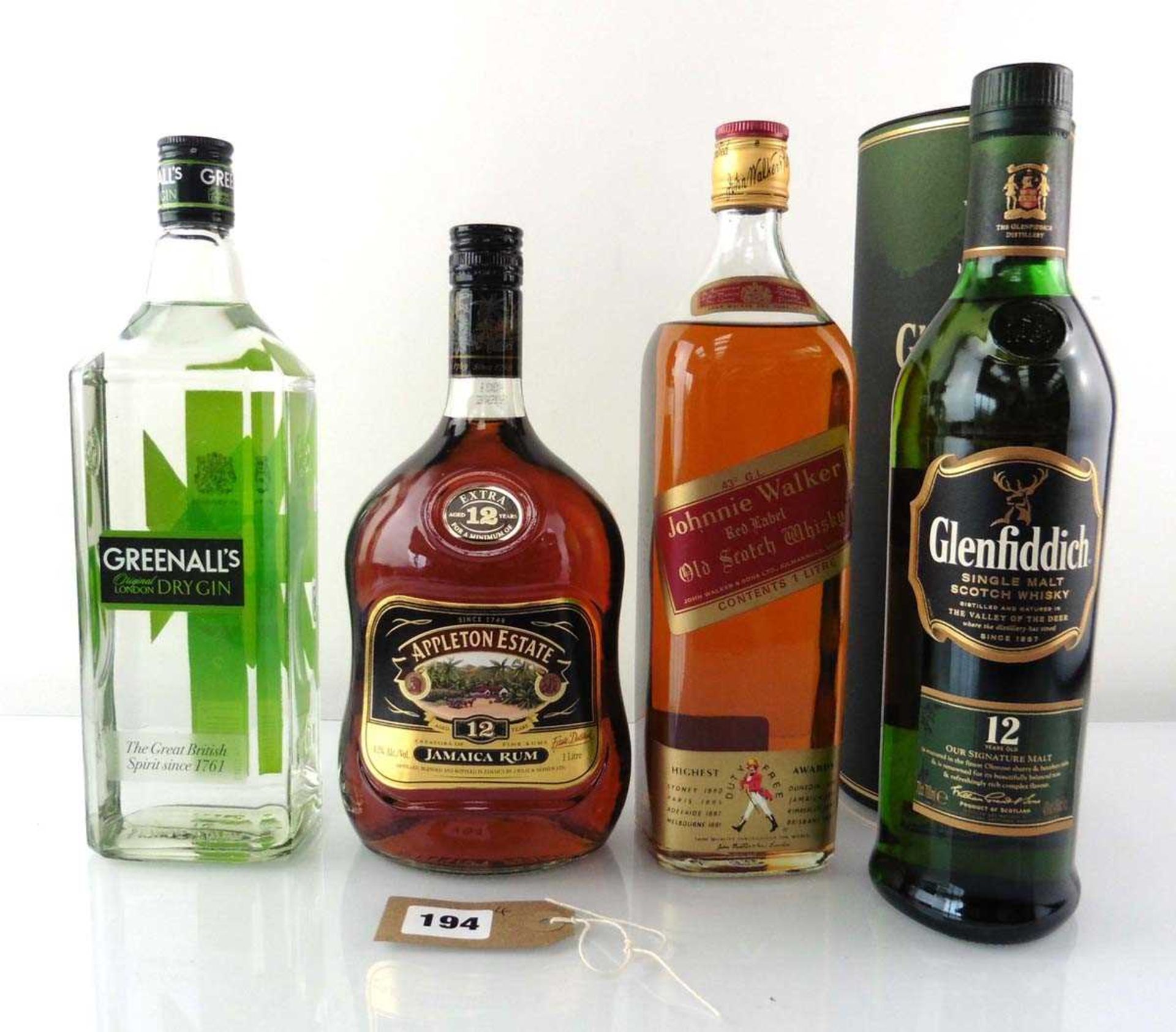 4 bottles, 1x Appleton Estate 12 year old Jamaica Rum 1 litre 43%, 1x Glenfiddich 12 year old Single