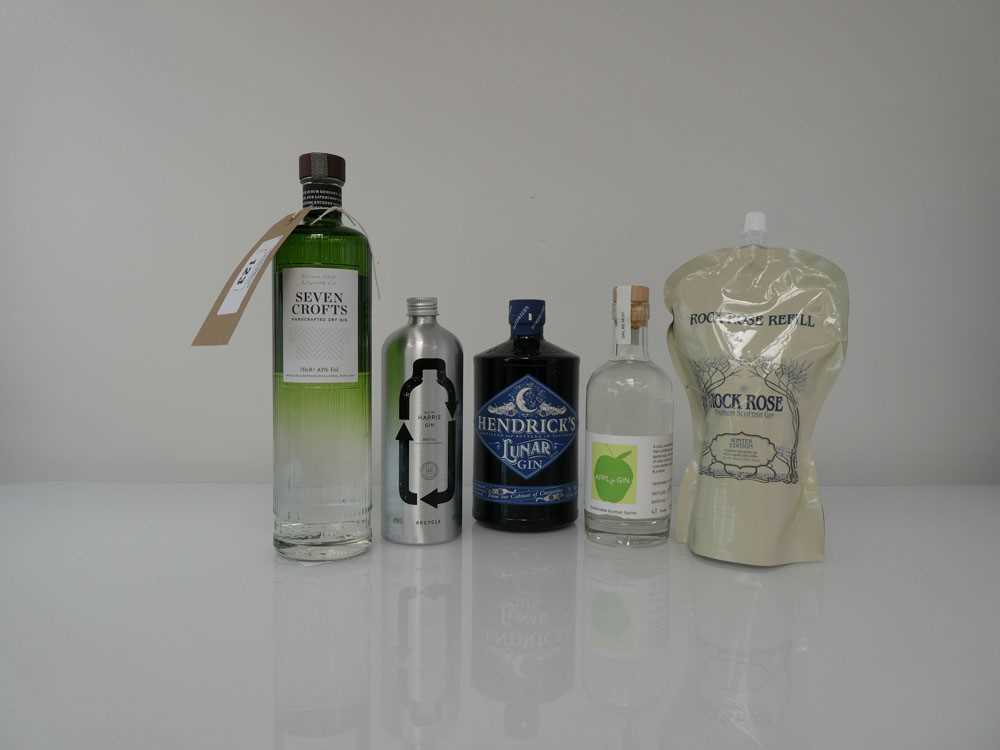 +VAT 5 bottles (including refills) Scottish Gins, 1x Seven Crofts Dry Gin by The Highland Liquor