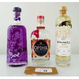 +VAT 3 bottles of Gin, 1x Boe Violet Gin from Scotland 41.5% 70cl, 1x Hibernation Gin with Welsh