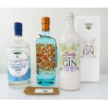 +VAT 3 bottles of Gin, 1x Lovely Lingfield Gin in ceramic bottle Batch 42 with Racecourse Turf 48%