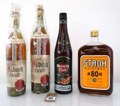 4 bottles, 1x Stroh Original 80 Austrian Rum 80% 1 litre, 1x Havana Club 7 year old Cuban Rum & 2x