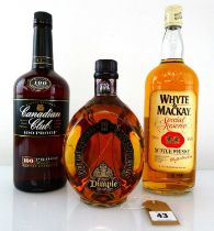 3 bottles, 1x Dimple Deluxe 12 year old Scotch Whisky 40% 70cl, 1x Canadian Club 100 Proof Export