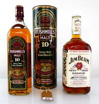 2 bottles, 1x Bushmills 10 year old Single Malt Irish Whiskey with carton old style 1 litre 43% & 1x