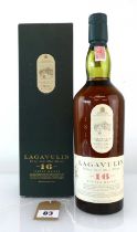 An old bottle of Lagavulin 16 year old Single Islay Malt Scotch Whisky with box by White Horse