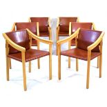 Attributed to Vico Magistretti for Cassina, a set of six 905 armchairs with beech frames and leather
