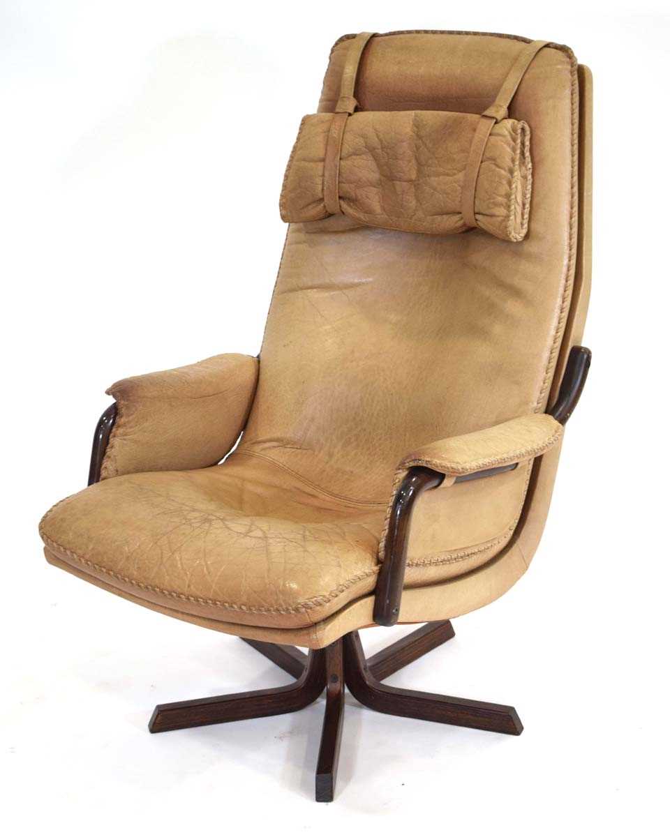 A 1970's Danish reclining high-back armchair by Berg Furniture, the buffalo leather seat with - Image 2 of 3
