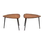 A pair of 1950's oak shield-shaped occasional tables on black tapering legs, 53 x 39 cm each (2)Legs