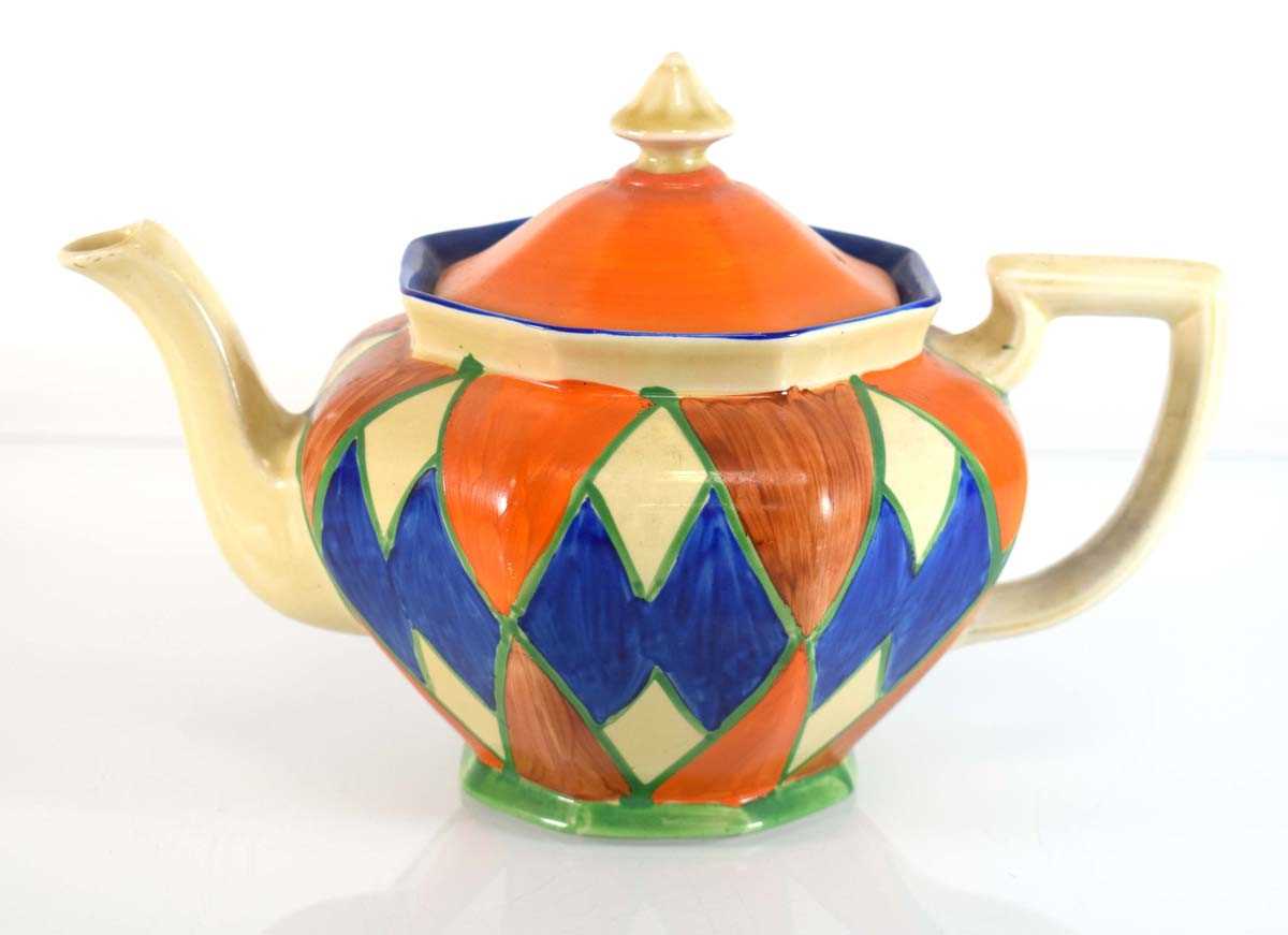 Clarice Cliff for Newport Pottery, an 'Original Bizarre' Athens teapot and cover, c. 1928, printed