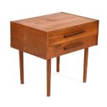 A 1970's teak two-drawer side table on later tapering legs, w. 52 cm