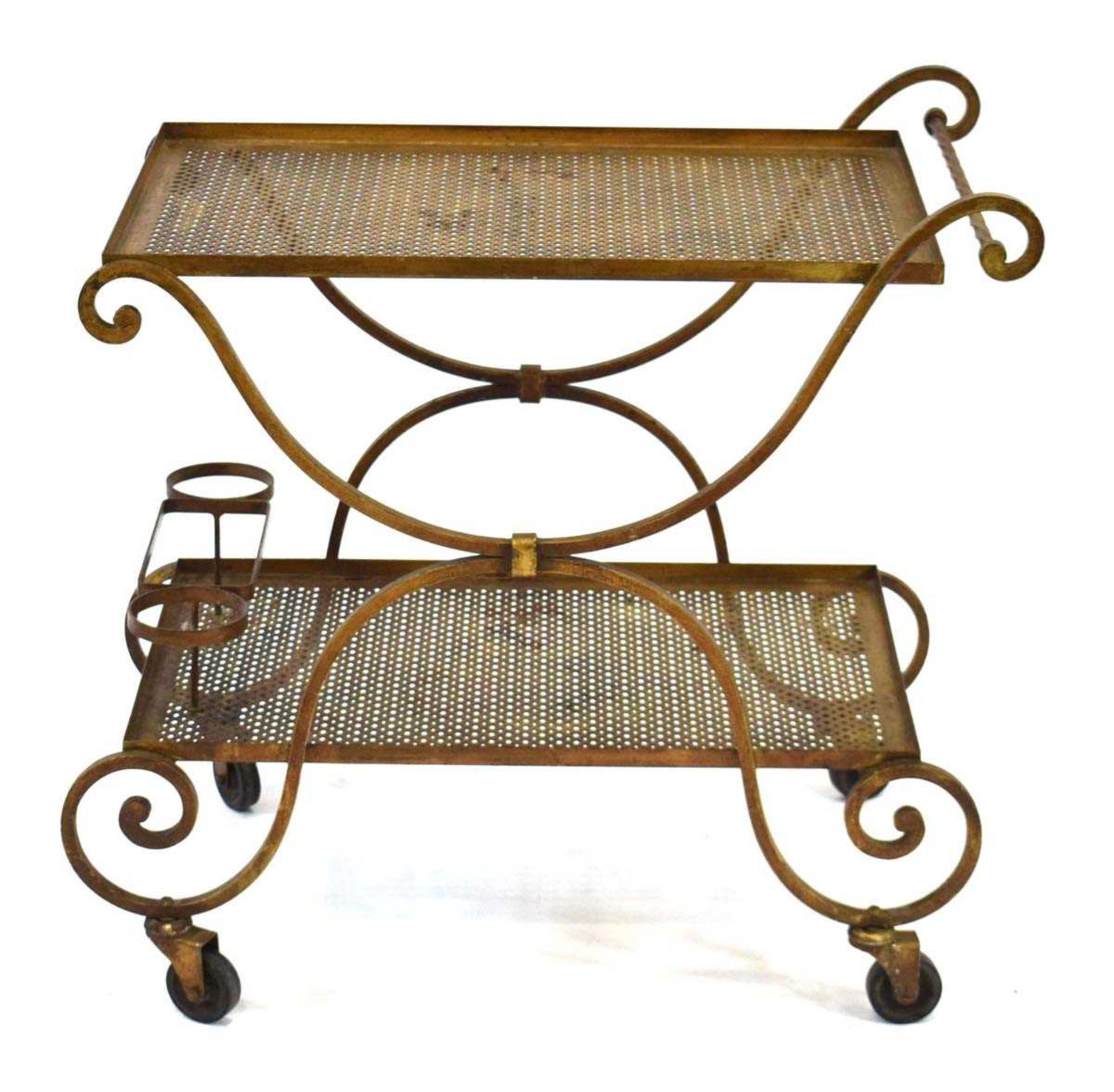 A 1950's perforated brass bar cart, possibly French, 72 x 43 cm, h. 73