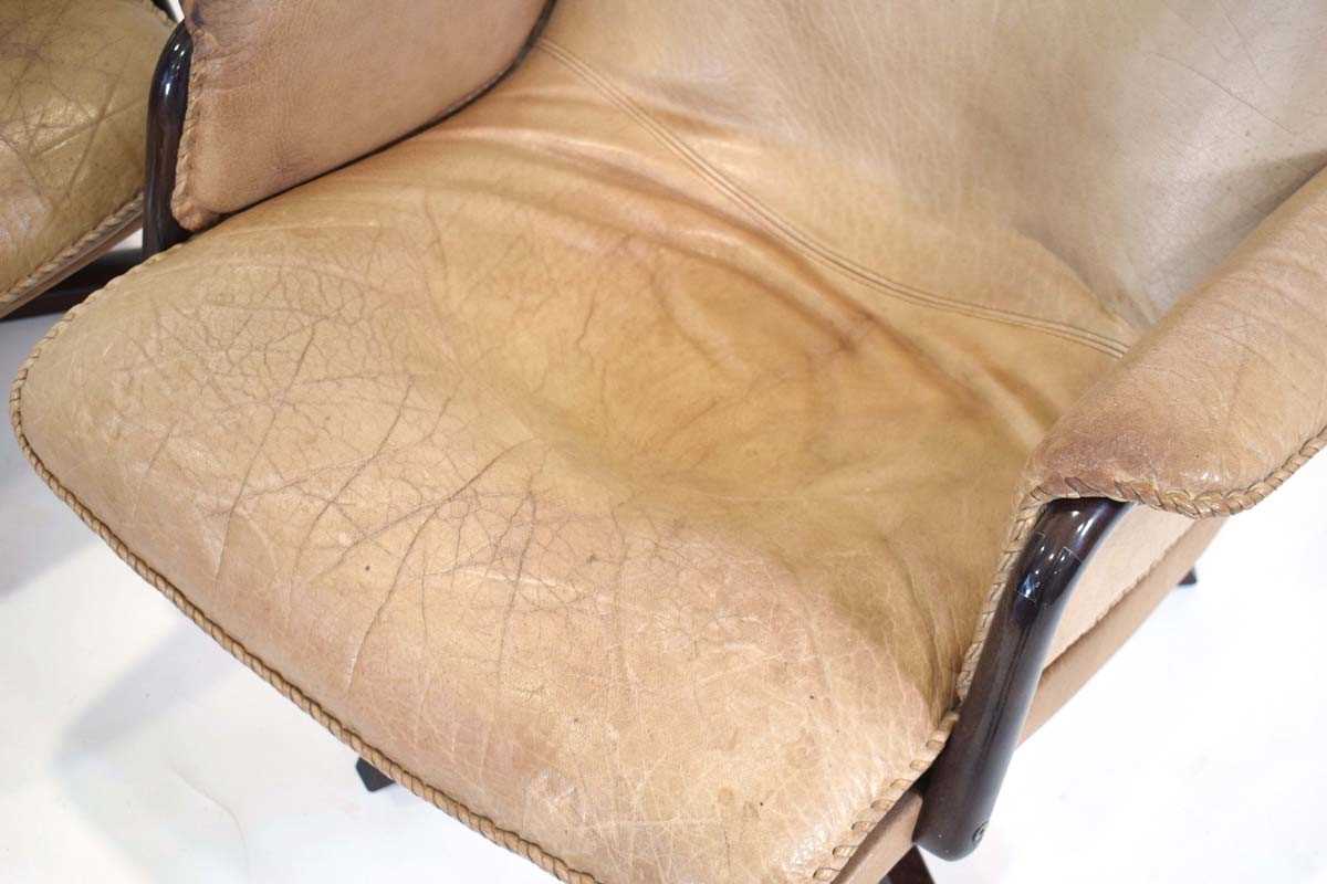 A pair of 1970's Danish reclining high-back armchairs by Berg Furniture, the buffalo leather seats - Image 2 of 5