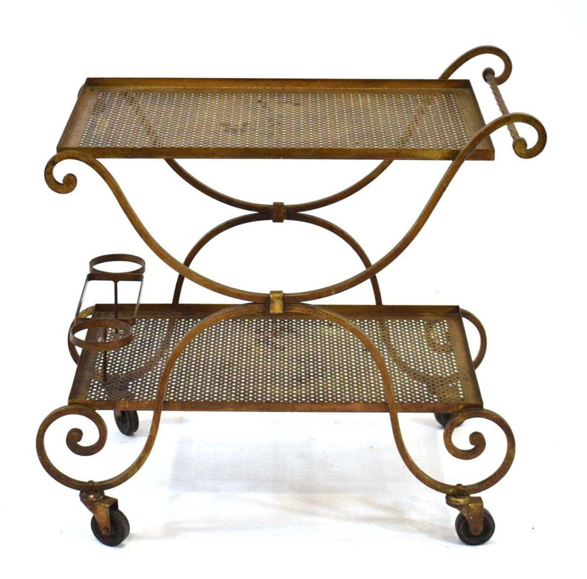 A 1950's perforated brass bar cart, possibly French, 72 x 43 cm, h. 73 - Image 2 of 3