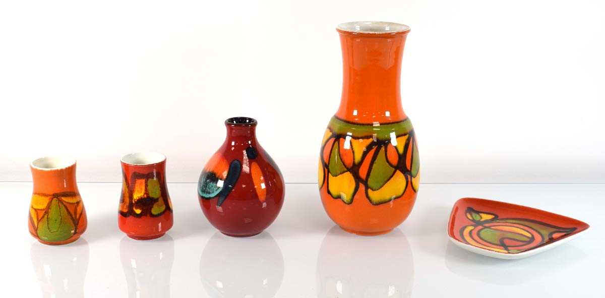 A group of five Poole Pottery 'Delphis' Range items including four vases and a tray (5)