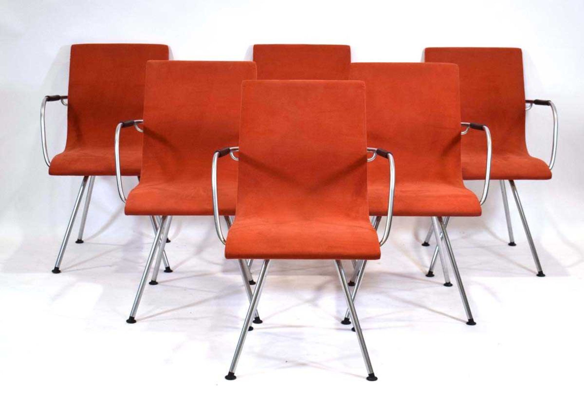 Johannes Foersom & Peter Hiort-Lorentzen, set of six 'ATLAS' armchairs upholstered in orange - Image 2 of 5