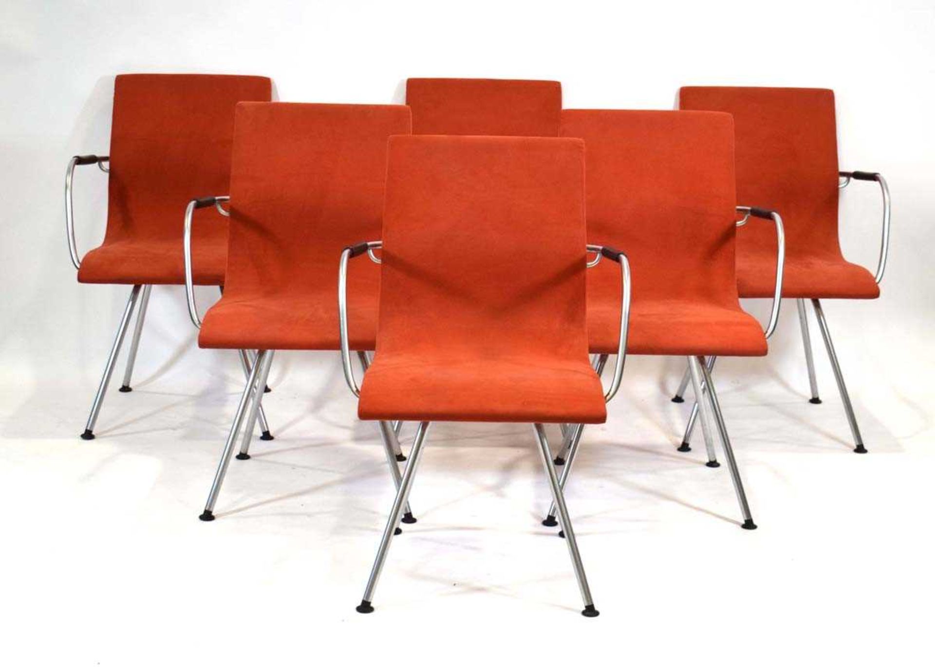 Johannes Foersom & Peter Hiort-Lorentzen, set of six 'ATLAS' armchairs upholstered in orange - Image 3 of 5