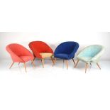 A set of four miniature woolen tub chairs on beech tapering legs, h. 20 cm (4)