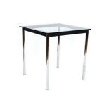 In the manner of Le Corbusier, a contemporary chromed table with a square glass surface, 70 x 70 cm