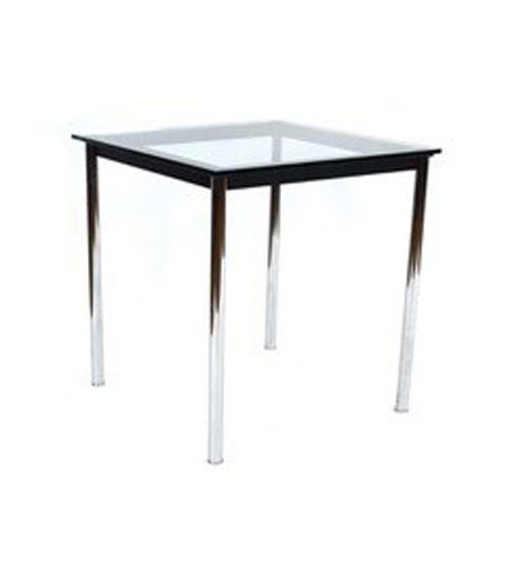 In the manner of Le Corbusier, a contemporary chromed table with a square glass surface, 70 x 70 cm