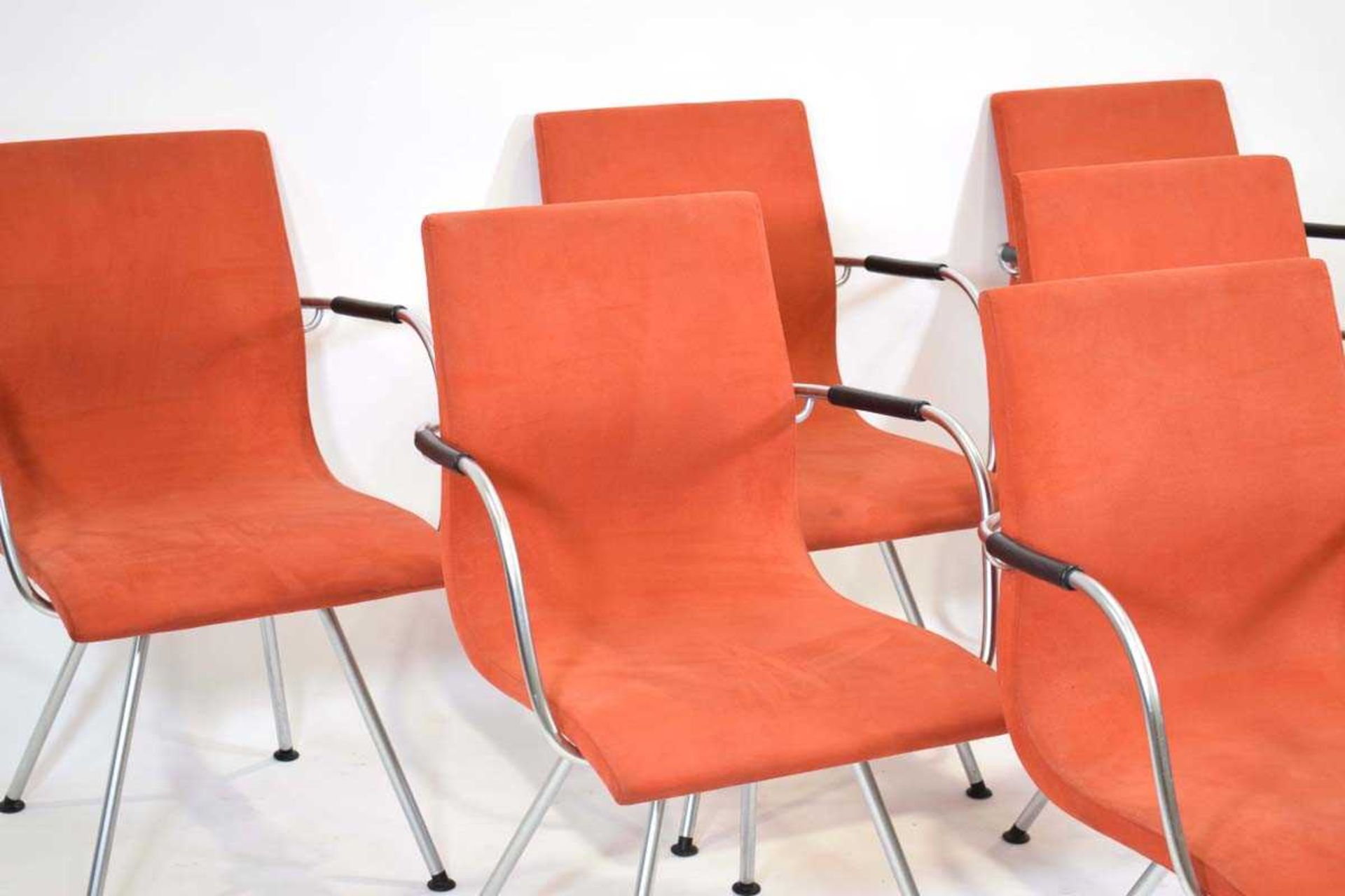 Johannes Foersom & Peter Hiort-Lorentzen, set of six 'ATLAS' armchairs upholstered in orange - Image 4 of 5
