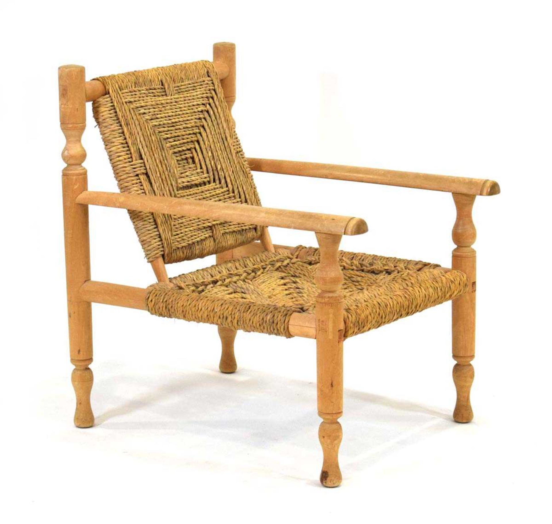 Attributed to Adrian Audoux and Frida Minet, a French beech armchair wrapped with abaca rope