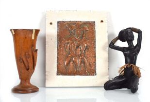 A copper panel relief decorated with tribal figures, image 22 x 15 cm, together with a Pitcairn