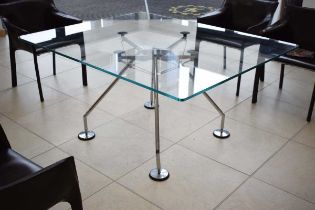 Lord Norman Foster for Tecno, a 'Nomos' four-star table base with a square glass surface, 120 x