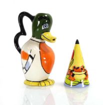 Lorna Bailey, a jug modelled as a duck together with a conical sugar sifter modelled as a fish on