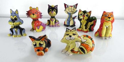 Lorna Bailey, a group of eight cats in various colour schemes (8) No chips, cracks or other damage