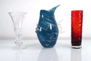 An Art Glass sculptural vase modelled as a fish, h. 25 cm, together with a Whitefriars-style vase