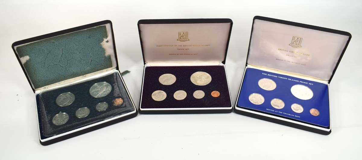 Three Franklin Mint British Virgin Island 6-coin sets 1973. 1974 and 1975, all cased and with