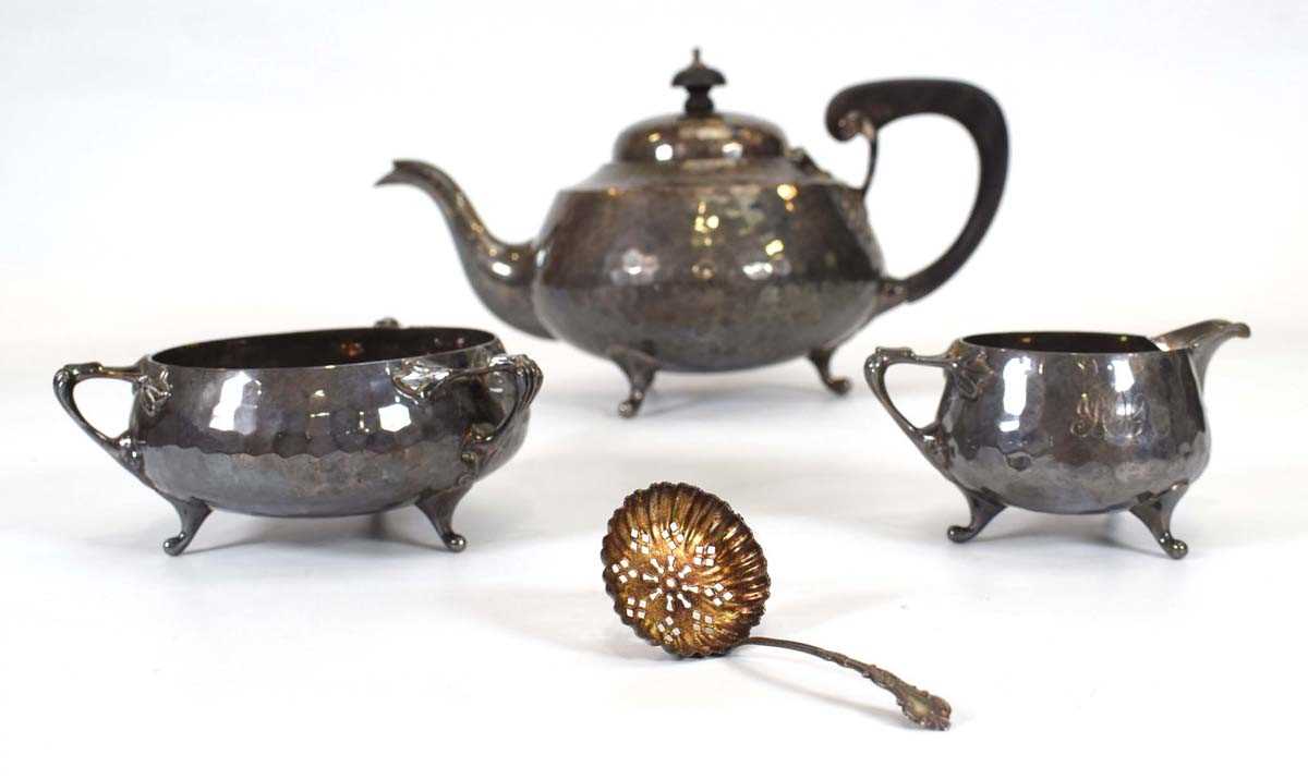 An early 20th century hammered silver three piece tea service of squat form, Henry Matthews, - Image 3 of 4