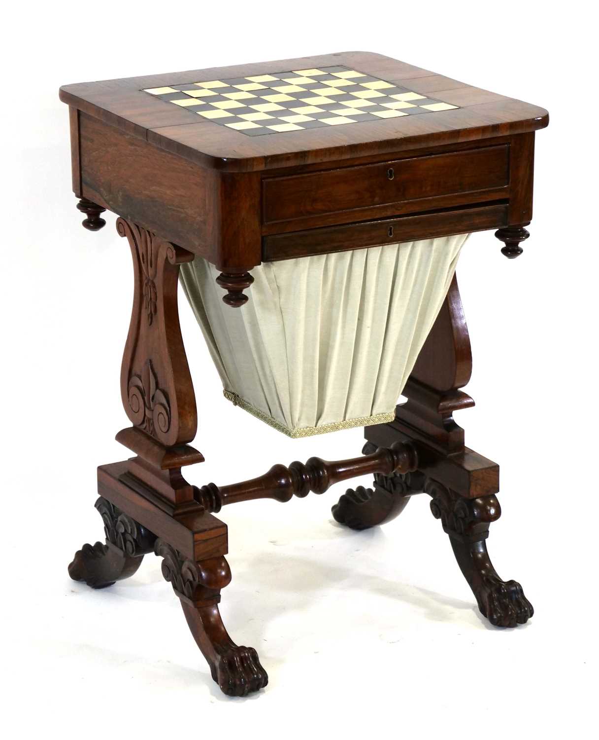 A 19th century rosewood games table, the chess surface over two drawers, on lyre-shaped supports - Image 2 of 3