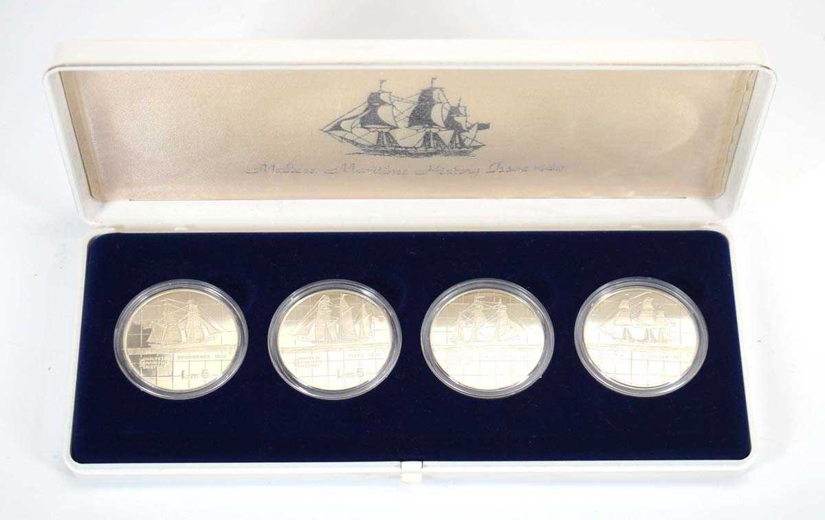 A set of four Central Bank of Malta silver coins commemorating maritime history, overall 2.5 ozs,