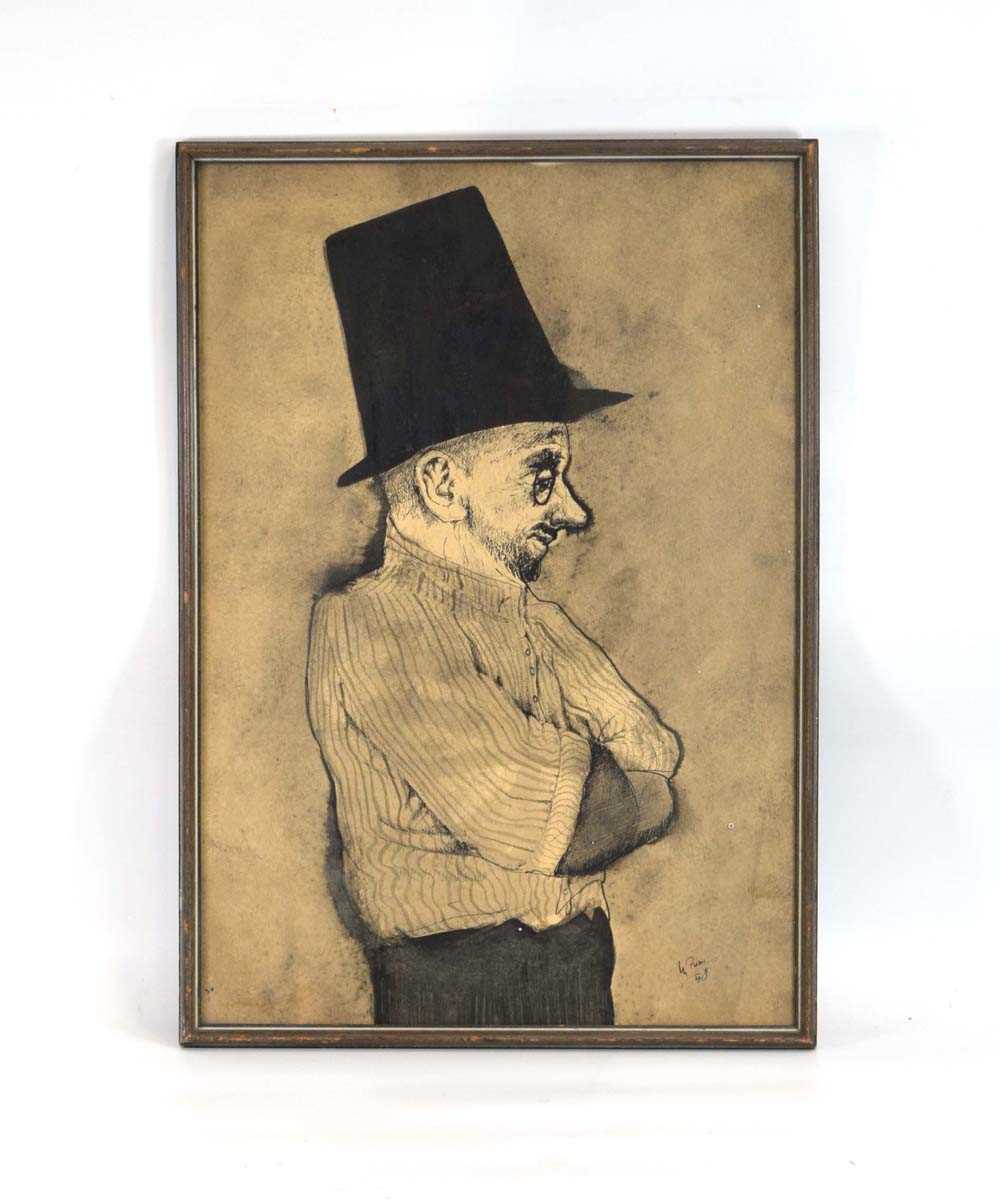 Mario Russo (Italian, 1925-2000),'Man in a Top Hat',signed and dated '58,pen and ink,image 49 x 34