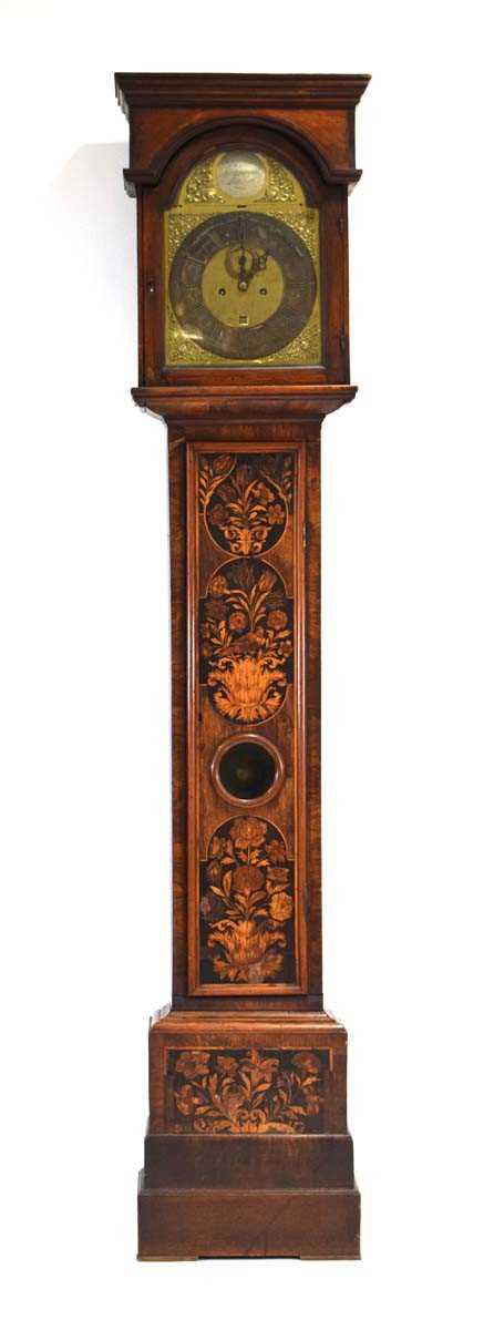 An early 18th century and later longcase clock, the movement striking on a bell, the brass face with - Image 3 of 20