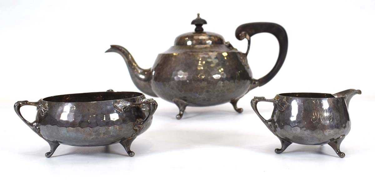 An early 20th century hammered silver three piece tea service of squat form, Henry Matthews, - Image 2 of 4