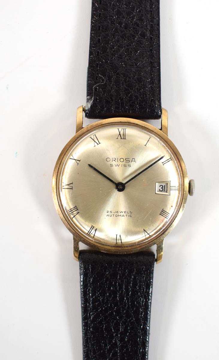 A gentleman's 9ct yellow gold automatic wristwatch by Oriosa, the circular with black Roman numerals
