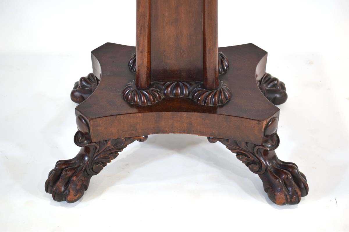 A 19th century mahogany fold-over tea table on a shaped column, platform base and claw feet, w. 91 - Image 2 of 4