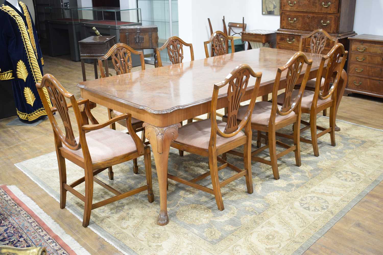 A reproduction walnut dining suite including a table on cabriole legs, 240 x 106 cm, and eight - Image 2 of 2