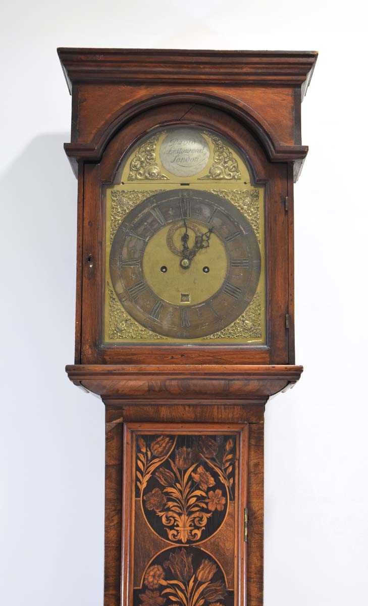 An early 18th century and later longcase clock, the movement striking on a bell, the brass face with - Image 4 of 20