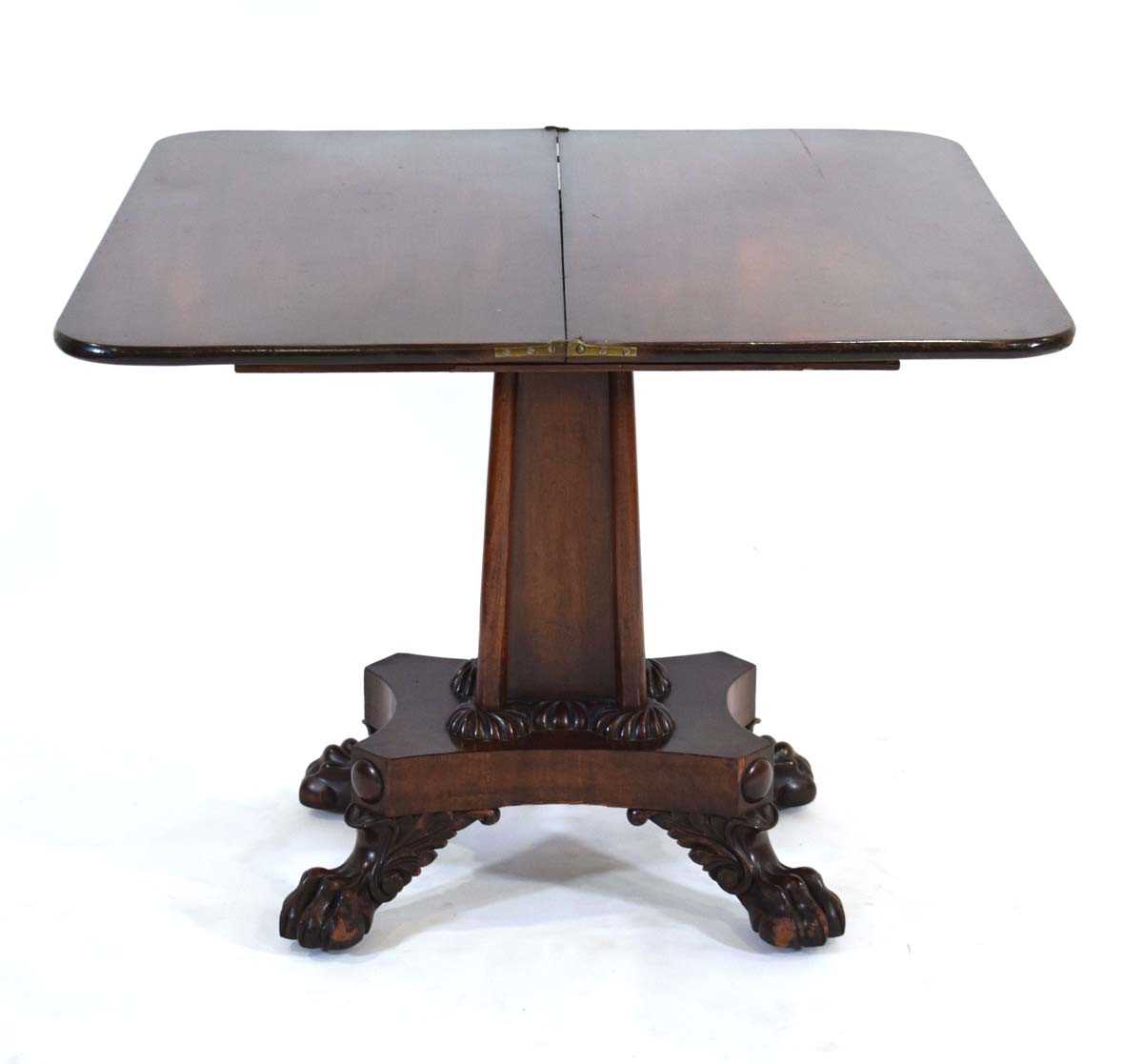 A 19th century mahogany fold-over tea table on a shaped column, platform base and claw feet, w. 91 - Image 3 of 4