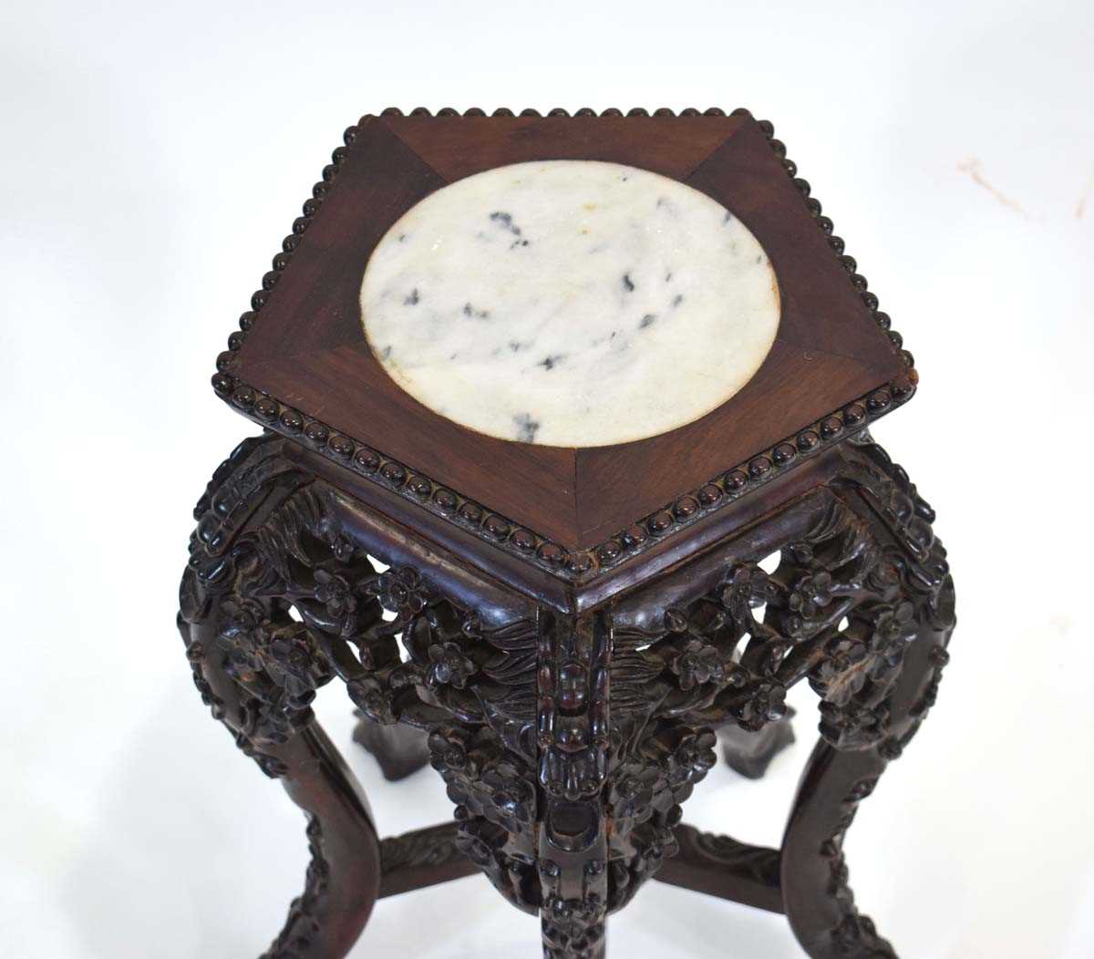 A 20th Century Chinese Export plant stand, the marble surface inset in a rosewood surround with - Image 2 of 2