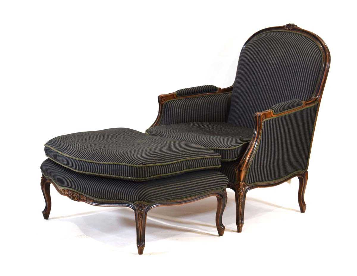 A contemporary Louis XVI style chair and interlocking stool, in the 'duchesse brisee' manner,