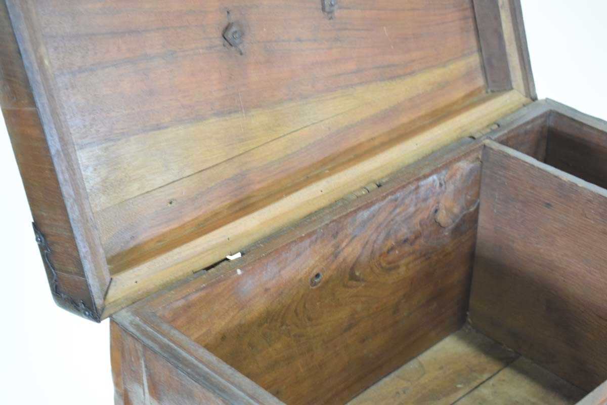 A walnut and metalwork mounted stagecoach strong box with a teak lining, on a later oak standh. 89 - Image 4 of 5