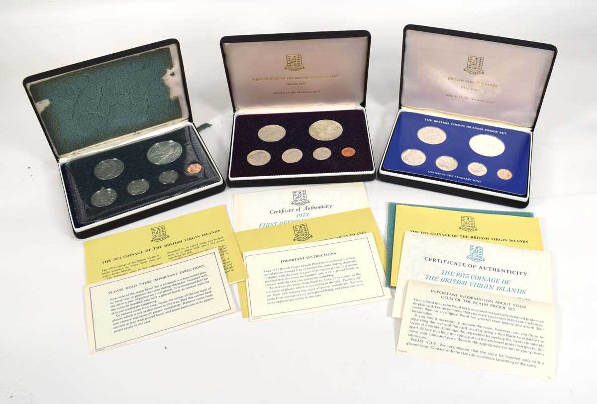 Three Franklin Mint British Virgin Island 6-coin sets 1973. 1974 and 1975, all cased and with - Image 2 of 3