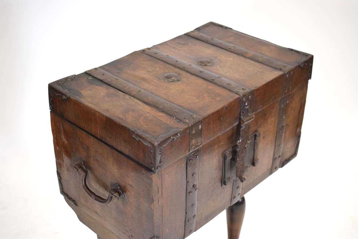 A walnut and metalwork mounted stagecoach strong box with a teak lining, on a later oak standh. 89 - Image 3 of 5