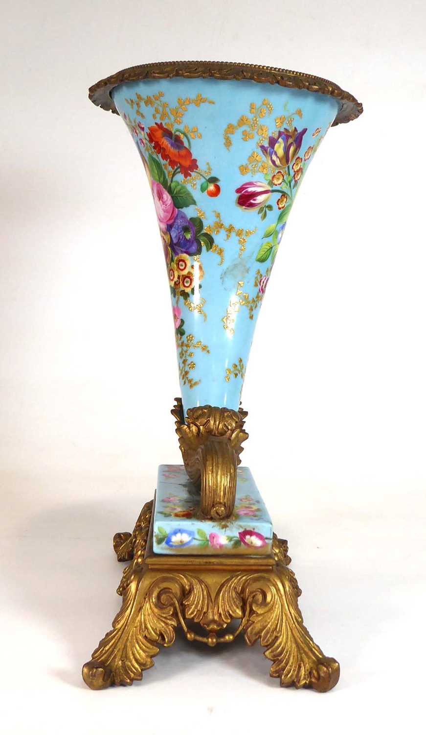 A late 19th/early 20th century gilt metal mounted cornucopia vase decorated with floral sprays and - Image 4 of 7