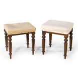 A near pair of Victorian oak stools on turned baluster supports, for reupholstery, 45 x 36 cm each