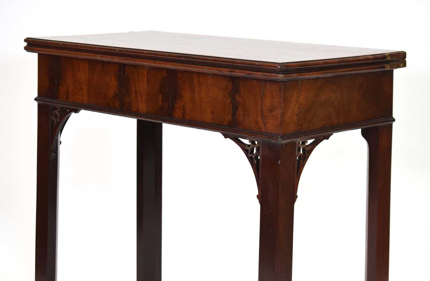 A George III mahogany tea table, the rectangular canted folding surface on square straight legs with - Image 2 of 16